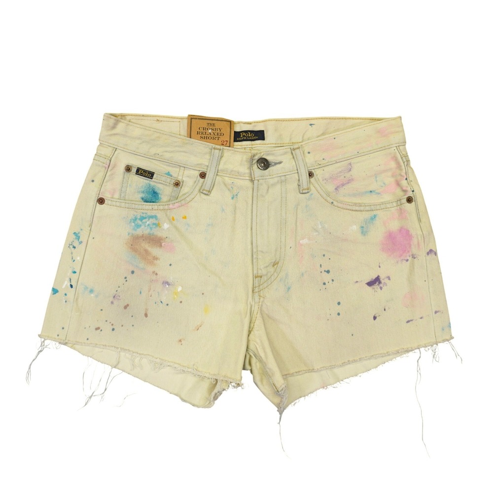 Polo Ralph Lauren Crosby Relaxed Short Women 27 Cream Paint Splatter Raw Hem